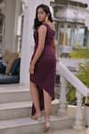 Shop_saangi by shubhangi_Wine Crepe Plain One Shoulder Draped Dress _at_Aza_Fashions