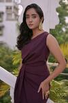 Buy_saangi by shubhangi_Wine Crepe Plain One Shoulder Draped Dress _Online_at_Aza_Fashions