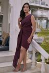 Shop_saangi by shubhangi_Wine Crepe Plain One Shoulder Draped Dress _Online_at_Aza_Fashions