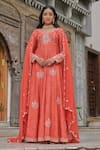 Buy_saangi by shubhangi_Orange Dola Silk Hand Embroidery Floral V Neck Work Anarkali With Dupatta _at_Aza_Fashions