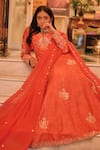 saangi by shubhangi_Orange Dola Silk Hand Embroidery Floral V Neck Work Anarkali With Dupatta _Online_at_Aza_Fashions