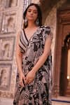 saangi by shubhangi_Black Georgette Printed Zebra Blouse V Neck Pre-draped Saree Set With Blazer _Online_at_Aza_Fashions