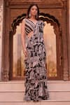 saangi by shubhangi_Black Georgette Printed Zebra Blouse V Neck Pre-draped Saree Set With Blazer _at_Aza_Fashions