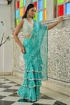 Buy_Saangi_Blue Georgette Mirrors Plunge Neck Printed Draped Saree With Blouse _at_Aza_Fashions