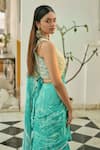 Shop_Saangi_Blue Georgette Mirrors Plunge Neck Printed Draped Saree With Blouse _at_Aza_Fashions