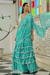 Saangi_Blue Georgette Mirrors Plunge Neck Printed Draped Saree With Blouse _Online_at_Aza_Fashions