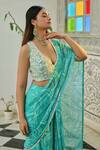 Buy_Saangi_Blue Georgette Mirrors Plunge Neck Printed Draped Saree With Blouse _Online_at_Aza_Fashions