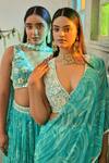 Shop_Saangi_Blue Georgette Mirrors Plunge Neck Printed Draped Saree With Blouse _Online_at_Aza_Fashions