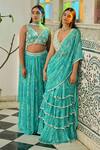 Saangi_Blue Georgette Mirrors Plunge Neck Printed Draped Saree With Blouse _at_Aza_Fashions
