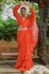Buy_saangi by shubhangi_Orange Chinnon Printed Floral V Neck Layered Draped Saree With Blouse_at_Aza_Fashions