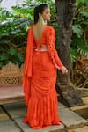 Shop_saangi by shubhangi_Orange Chinnon Printed Floral V Neck Layered Draped Saree With Blouse_at_Aza_Fashions