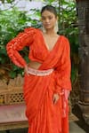 Buy_saangi by shubhangi_Orange Chinnon Printed Floral V Neck Layered Draped Saree With Blouse_Online_at_Aza_Fashions