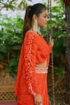 Shop_saangi by shubhangi_Orange Chinnon Printed Floral V Neck Layered Draped Saree With Blouse_Online_at_Aza_Fashions