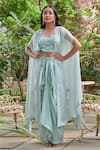 Buy_Saangi_Blue Modal, Organza Cut Work, Sequins, Border Embroidered Shrug Draped Skirt Set _at_Aza_Fashions