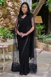 Buy_Saangi_Black Net, Georgette Feathers, Sequins, Beads Embroidered Pre-draped Saree Set _at_Aza_Fashions