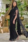 Saangi_Black Net, Georgette Feathers, Sequins, Beads Embroidered Pre-draped Saree Set _Online_at_Aza_Fashions