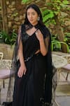 Buy_Saangi_Black Net, Georgette Feathers, Sequins, Beads Embroidered Pre-draped Saree Set _Online_at_Aza_Fashions