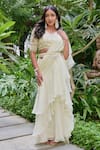 Buy_saangi by shubhangi_Off White Organza Embroidery Pearl V Neck Ruffle Pre-draped Saree With Blouse _at_Aza_Fashions