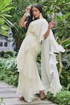 Shop_saangi by shubhangi_Off White Organza Embroidery Pearl V Neck Ruffle Pre-draped Saree With Blouse _at_Aza_Fashions