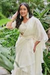 saangi by shubhangi_Off White Organza Embroidery Pearl V Neck Ruffle Pre-draped Saree With Blouse _Online_at_Aza_Fashions