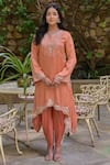 Buy_Saangi_Peach Modal, Satin Sequins, Beads, Floral Embroidered Kurta And Dhoti Pant Set_at_Aza_Fashions