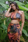 Buy_saangi by shubhangi_Multi Color Printed Tiger Halter Neck Crop Top And Draped Skirt Set _Online_at_Aza_Fashions