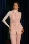 Buy_Label Deepika Nagpal_Peach Wool Textured V Neck Sleeveless Jacket With Pant 