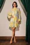 Buy_Label Deepika Nagpal_Yellow Shell Lurex Striped Georgette Woven Floral Round Lana Pattern Dress _at_Aza_Fashions