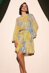 Buy_Label Deepika Nagpal_Yellow Shell Lurex Striped Georgette Woven Floral Round Lana Pattern Dress 