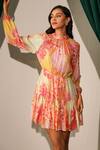 Shop_Label Deepika Nagpal_Pink Lurex, Georgette Round Neck Lana Floral Bloom Pattern Dress