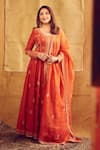 Jigar Mali_Orange Chanderi Embroidery Aari V Neck Anarkali Set _at_Aza_Fashions