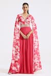 Buy_Basanti - Kapde Aur Koffee_Pink Chinon Printed Flower V Neck Cascading Draped Sleeve Jumpsuit _at_Aza_Fashions