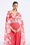 Basanti - Kapde Aur Koffee_Pink Chinon Printed Flower V Neck Cascading Draped Sleeve Jumpsuit _Online_at_Aza_Fashions