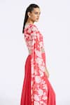 Buy_Basanti - Kapde Aur Koffee_Pink Chinon Printed Flower V Neck Cascading Draped Sleeve Jumpsuit _Online_at_Aza_Fashions