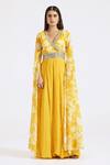Buy_Basanti - Kapde Aur Koffee_Yellow Chiffon Sequins V-neck Floret Print Cascading Draped Sleeve Jumpsuit_at_Aza_Fashions