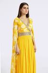 Basanti - Kapde Aur Koffee_Yellow Chiffon Sequins V-neck Floret Print Cascading Draped Sleeve Jumpsuit_Online_at_Aza_Fashions