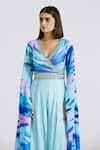 Shop_Basanti - Kapde Aur Koffee_Blue Chinon Printed Abstract V Neck Cascading Draped Sleeve Jumpsuit _at_Aza_Fashions