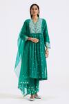 Buy_Basanti Kapde aur Koffee_Green Chanderi Embroidery Thread V Neck Work Kurta Set _at_Aza_Fashions