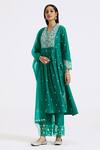 Buy_Basanti Kapde aur Koffee_Green Chanderi Embroidery Thread V Neck Work Kurta Set _Online_at_Aza_Fashions