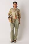 Yavi_Beige Chanderi Printed Collared Ceclia Shirt  _Online_at_Aza_Fashions