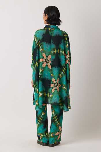 Shop_Yavi_Green Modal Collared Anigo Printed Asymmetric Shirt _at_Aza_Fashions