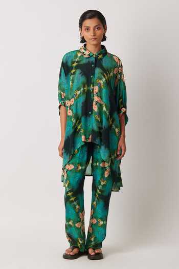 Yavi_Green Modal Collared Anigo Printed Asymmetric Shirt _Online_at_Aza_Fashions