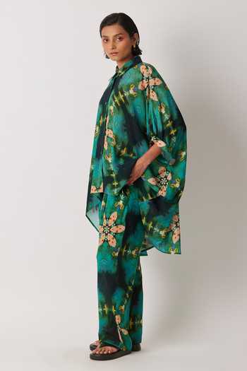 Buy_Yavi_Green Modal Collared Anigo Printed Asymmetric Shirt _Online_at_Aza_Fashions