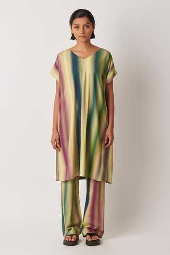 Buy_Yavi_Green Modal, Jersey V-neck Aura Hazy Stripe Print Midi Dress _at_Aza_Fashions