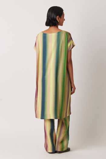 Shop_Yavi_Green Modal, Jersey V-neck Aura Hazy Stripe Print Midi Dress _at_Aza_Fashions