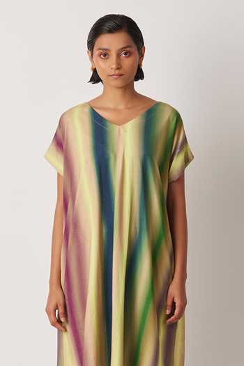 Yavi_Green Modal, Jersey V-neck Aura Hazy Stripe Print Midi Dress _Online_at_Aza_Fashions