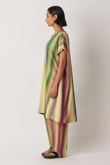 Buy_Yavi_Green Modal, Jersey V-neck Aura Hazy Stripe Print Midi Dress _Online_at_Aza_Fashions