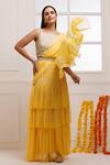 Shop_Geroo Jaipur_Yellow Chiffon Embroidered Thread Ruffle Pre-draped Solid Saree With Blouse_Online_at_Aza_Fashions