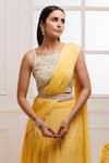 Geroo Jaipur_Yellow Chiffon Embroidered Thread Ruffle Pre-draped Solid Saree With Blouse_at_Aza_Fashions