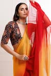 Geroo Jaipur_Red Chiffon Ombre Ruffle Pre-draped Saree With Unstitched Blouse Fabric_at_Aza_Fashions